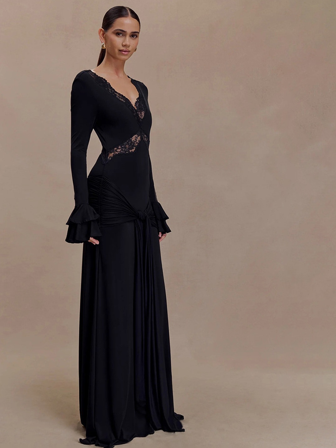 Black Lace Sheath Maxi Dress with Long Ruffle Sleeves