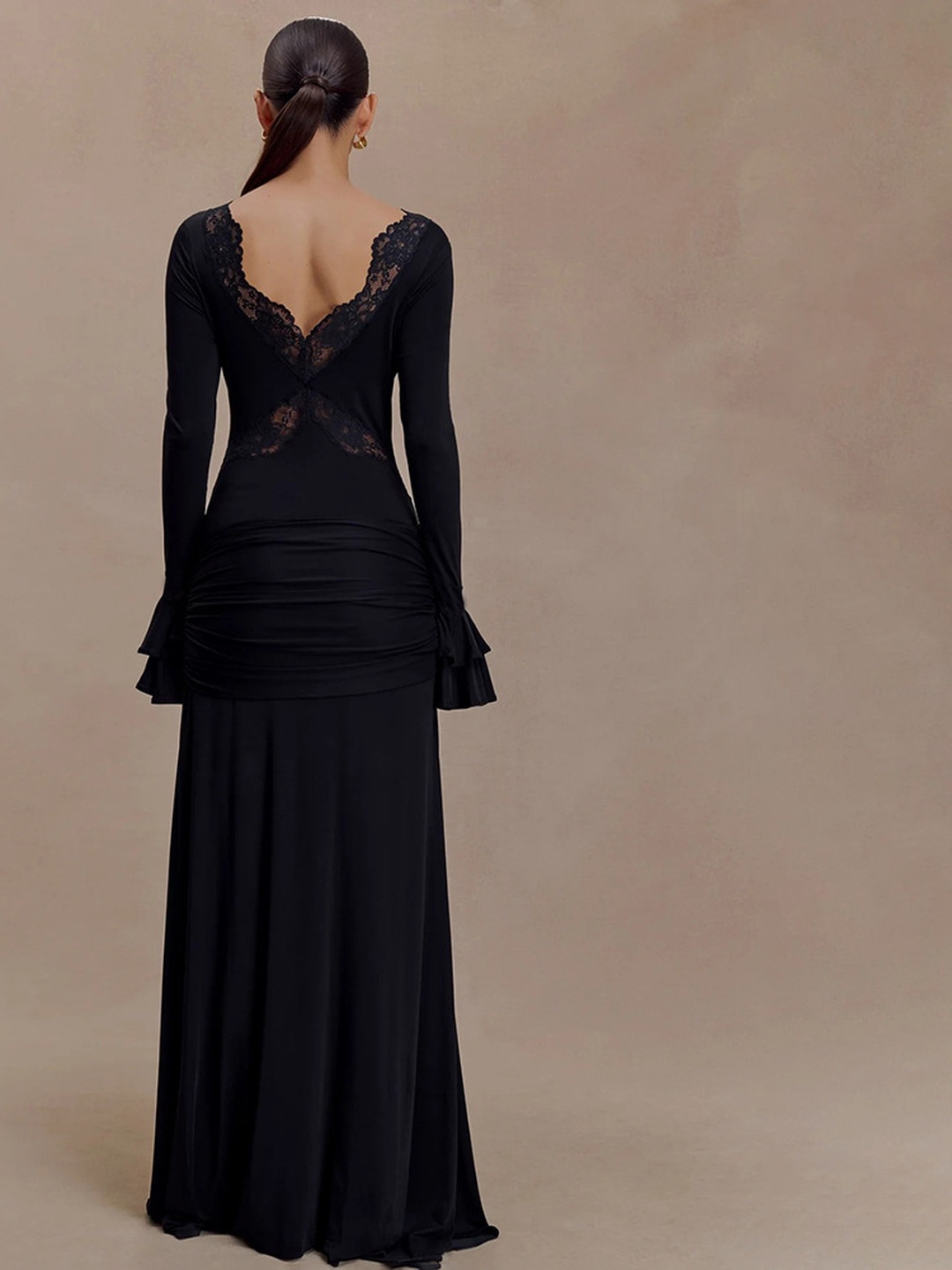 Black Lace Sheath Maxi Dress with Long Ruffle Sleeves