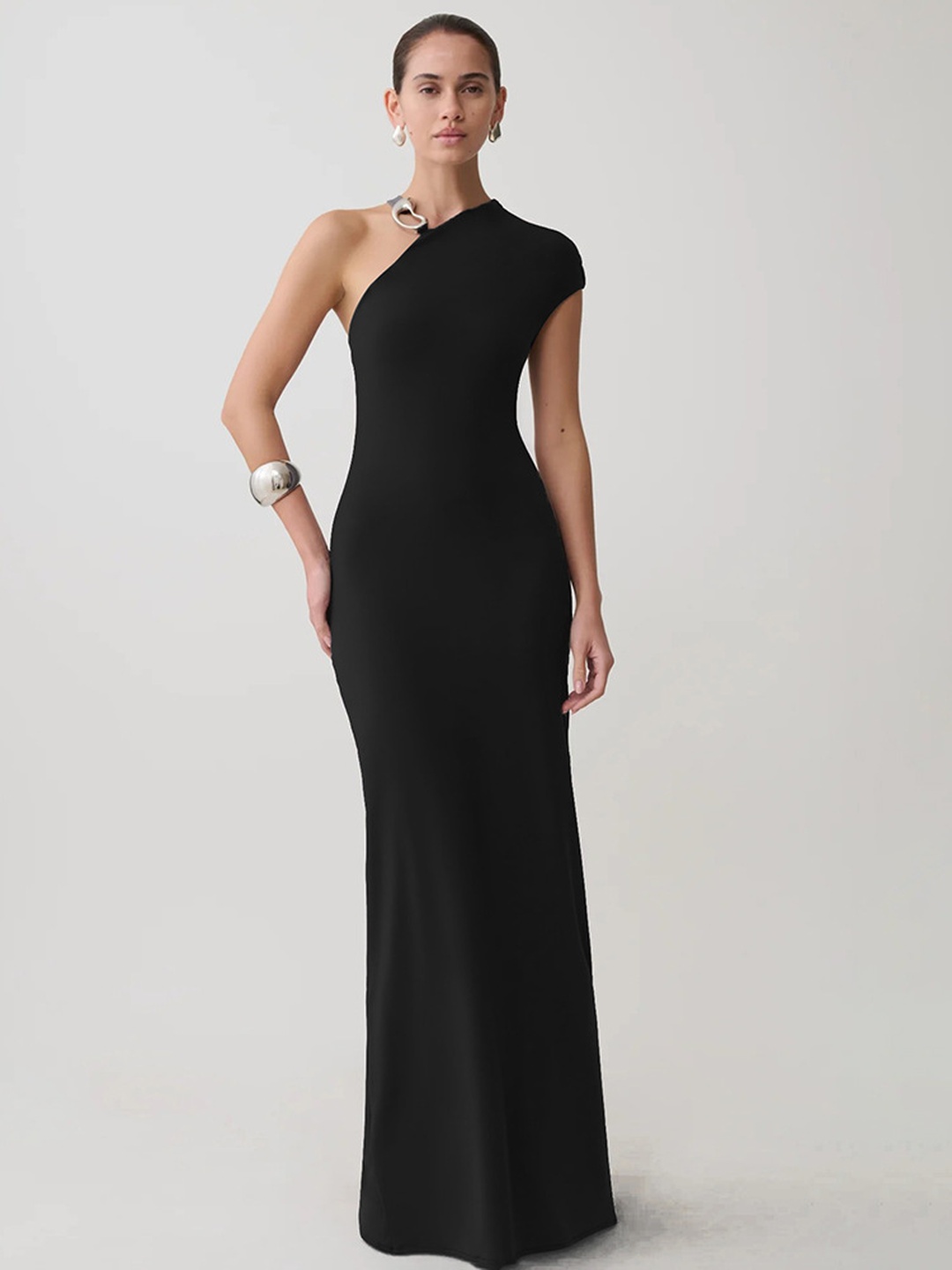 Black One-Shoulder Bodycon Maxi Dress