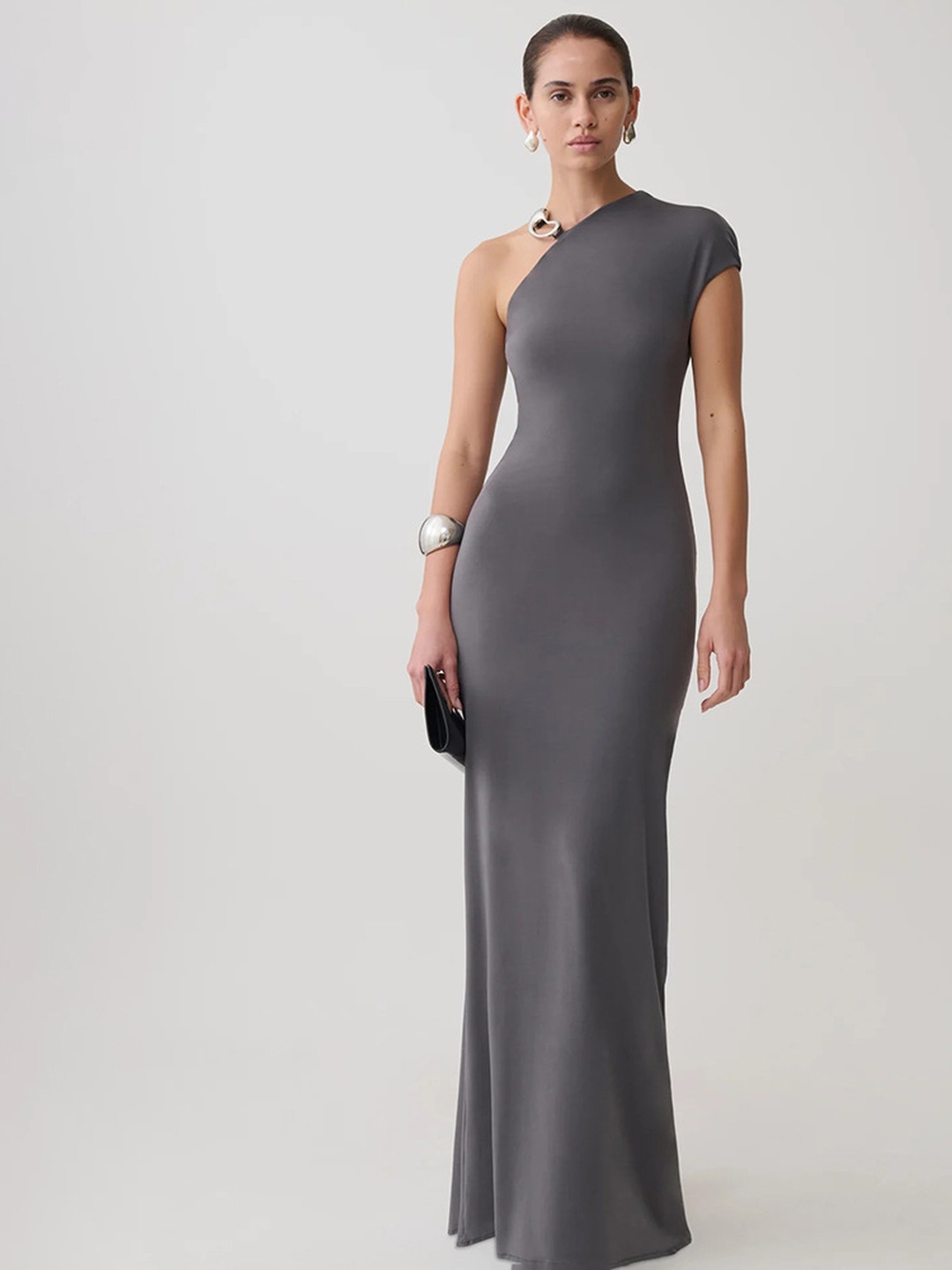 Grey One-Shoulder Bodycon Maxi Dress