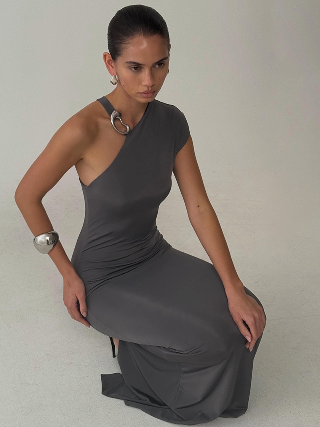Grey One-Shoulder Bodycon Maxi Dress