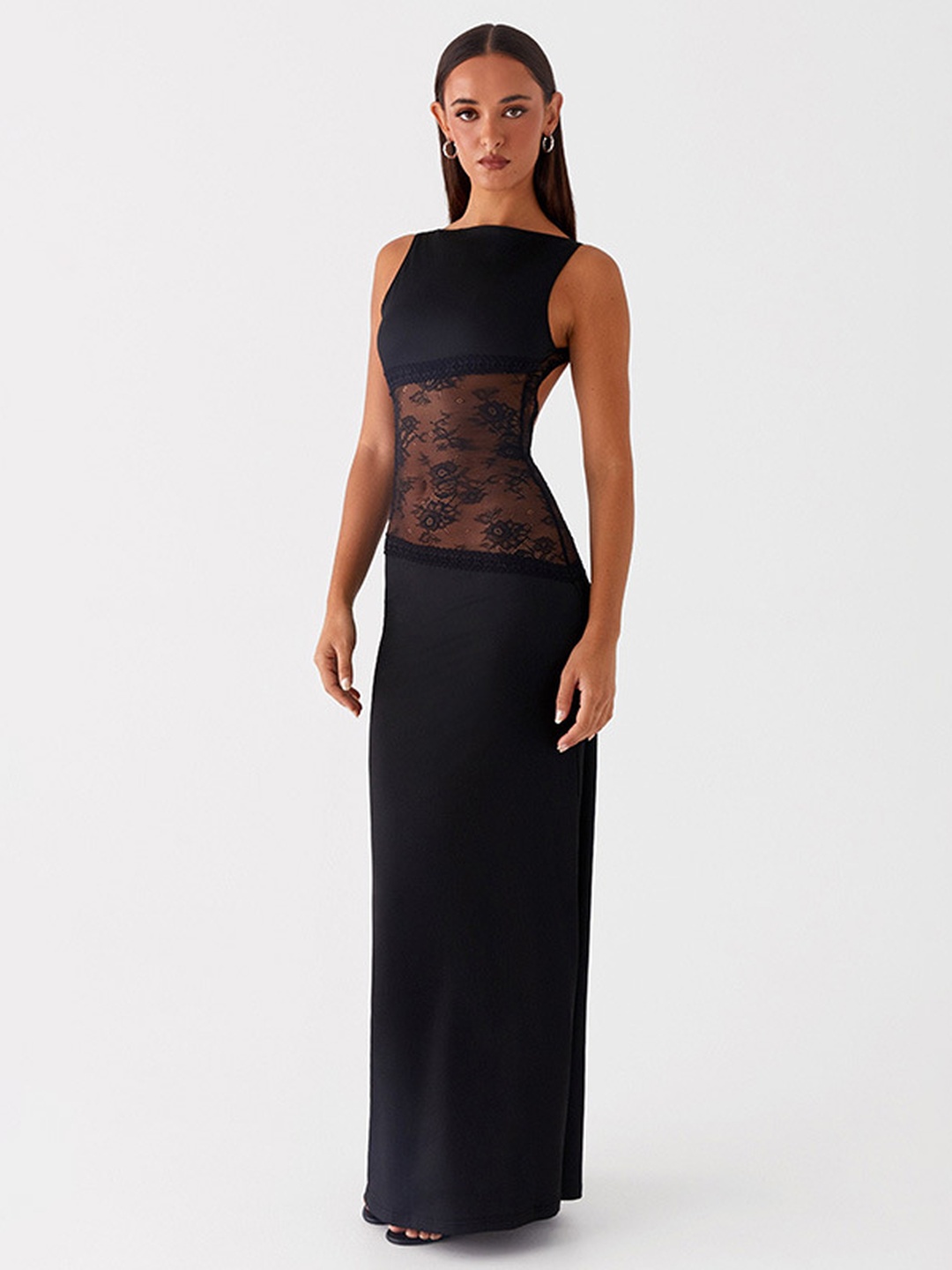 Black Lace Panel Maxi Dress - Sleeveless Bodycon