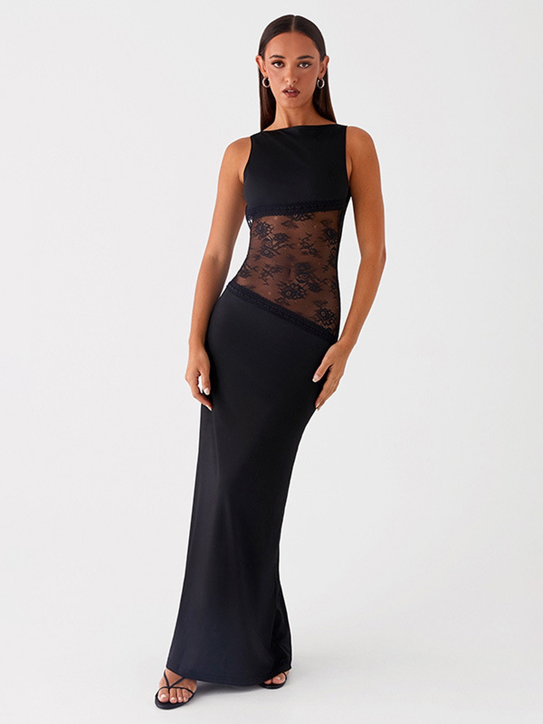 Black Lace Panel Maxi Dress - Sleeveless Bodycon