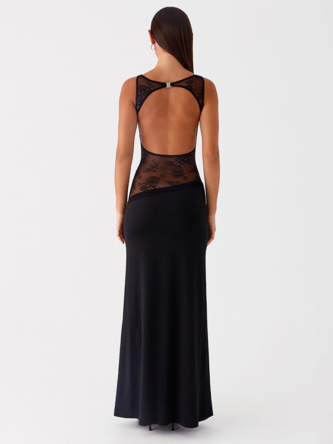 Black Lace Panel Maxi Dress - Sleeveless Bodycon