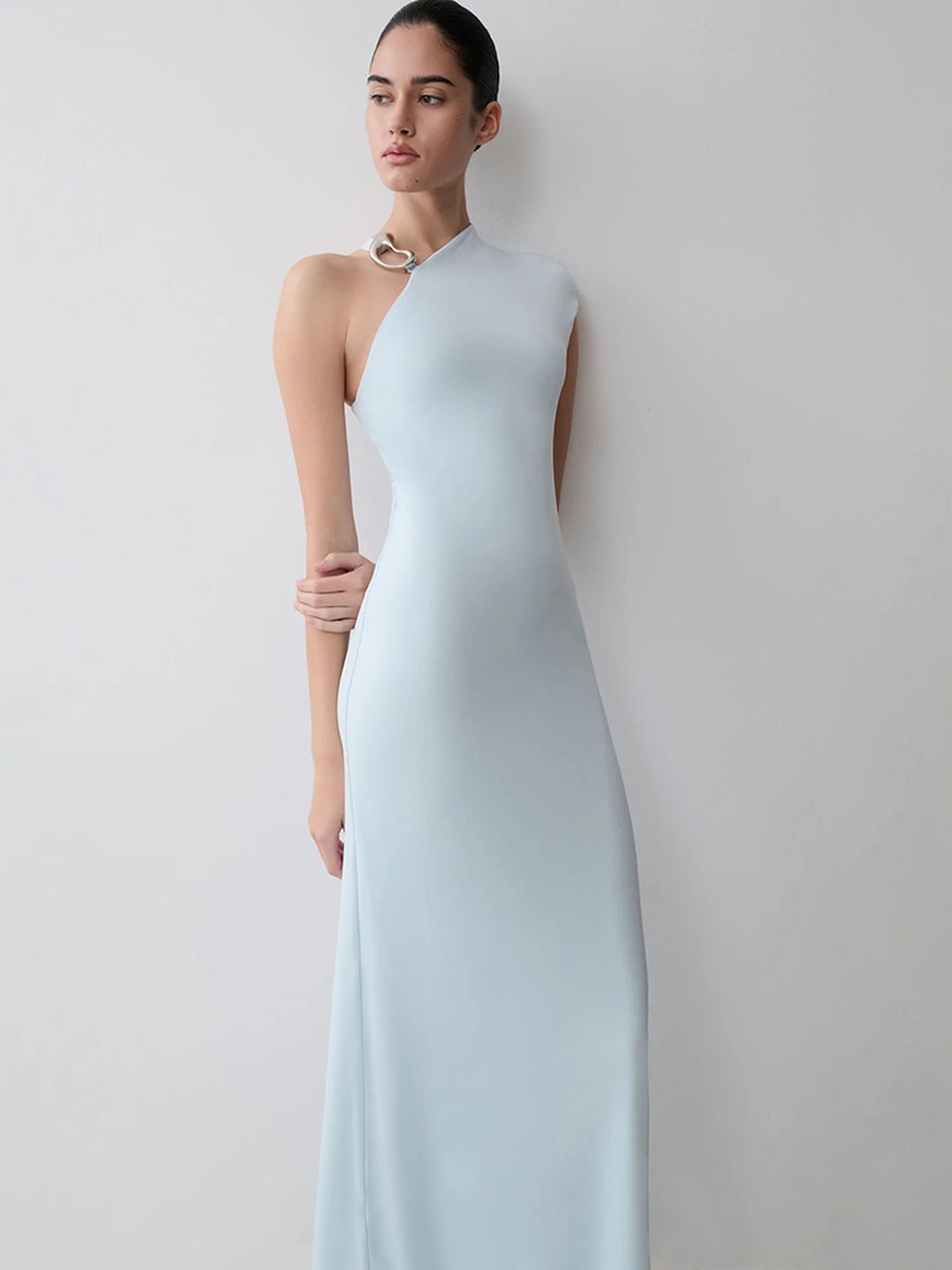 Blue Sheath Maxi Dress with Asymmetric Neck and Metal Detail