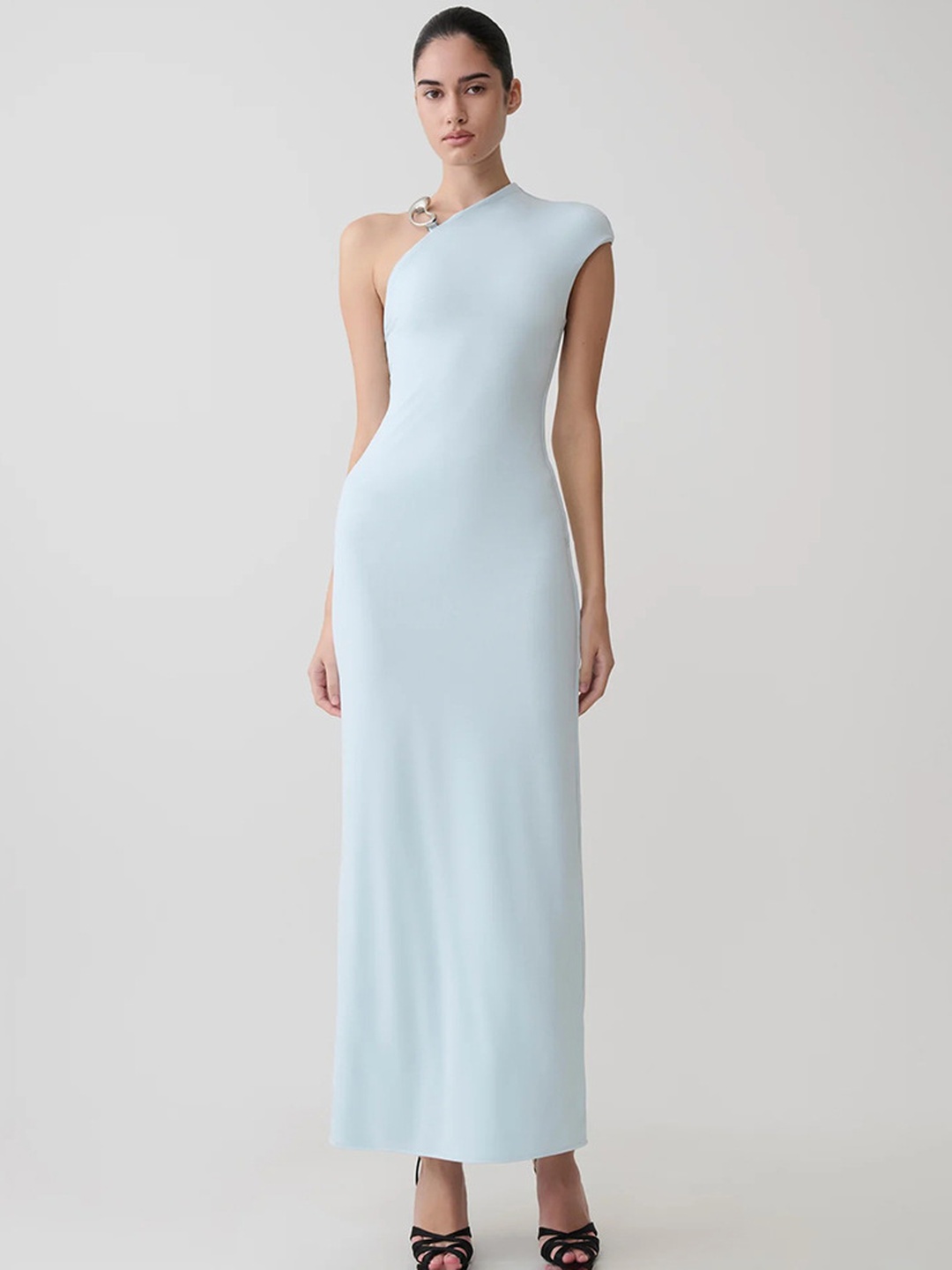 Blue Sheath Maxi Dress with Asymmetric Neck and Metal Detail