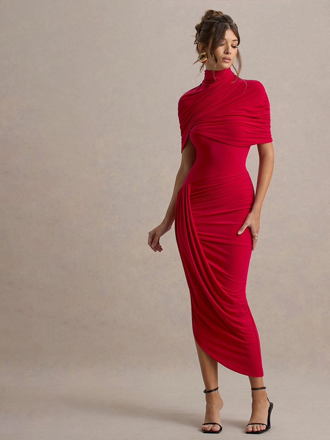 Red Ruched Midi Bodycon Dress with Draped Shoulders