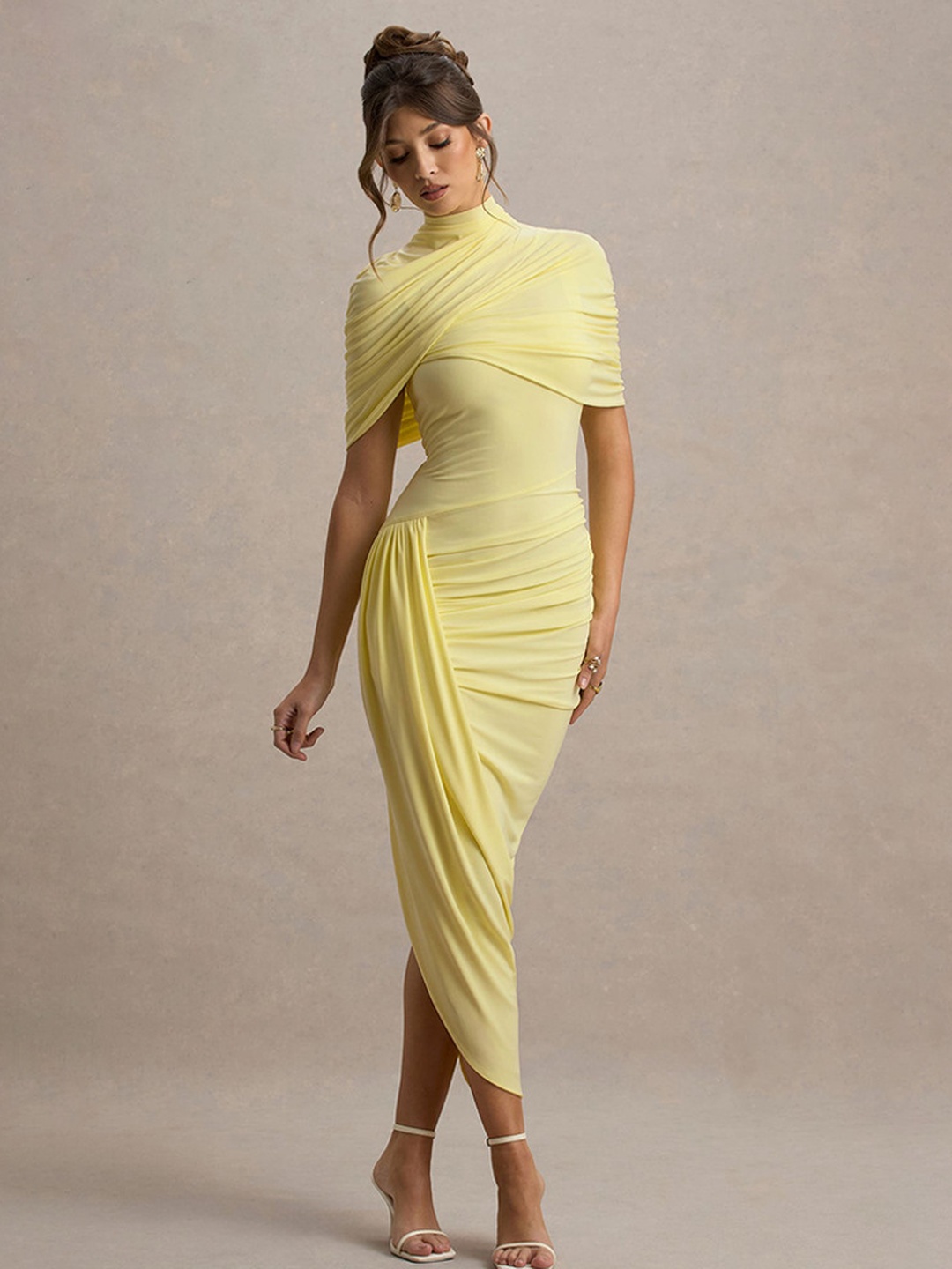 Pale Yellow Bodycon Midi Dress with Draped Ruched Design