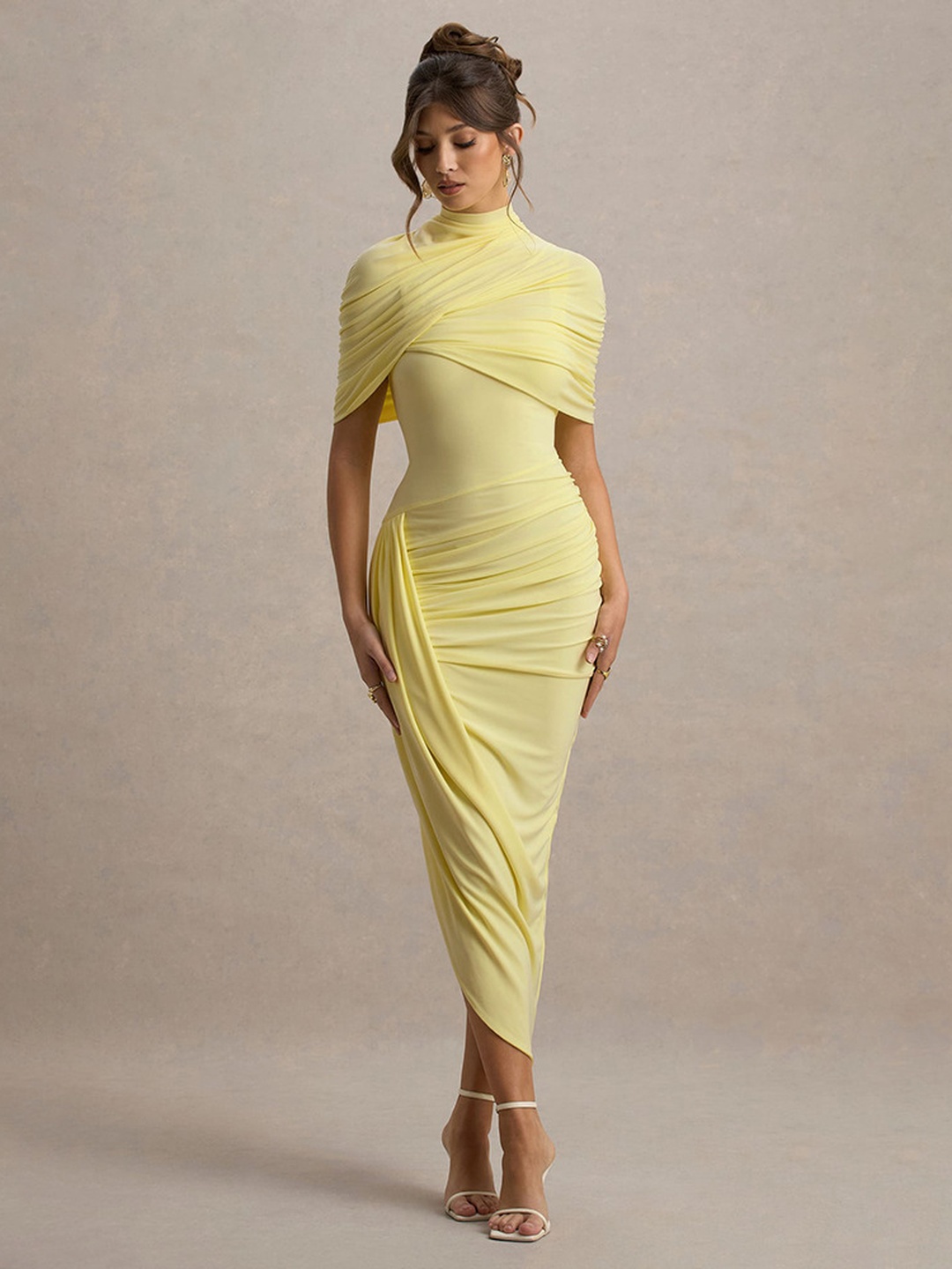 Pale Yellow Bodycon Midi Dress with Draped Ruched Design