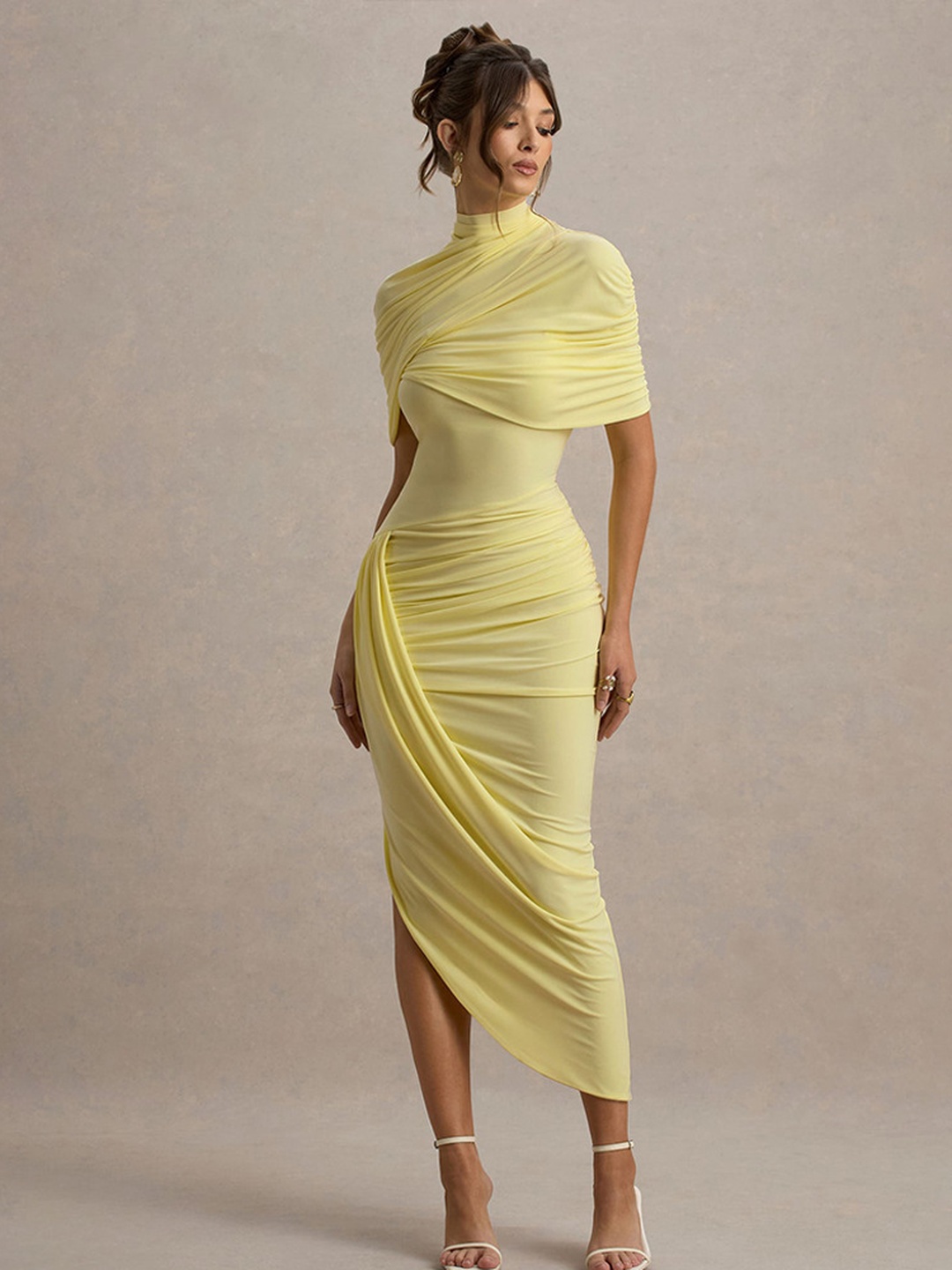 Pale Yellow Bodycon Midi Dress with Draped Ruched Design