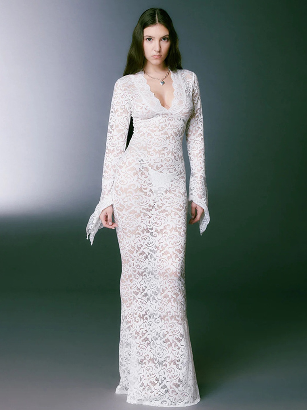 White Lace Maxi Bodycon Dress with Long Sleeves