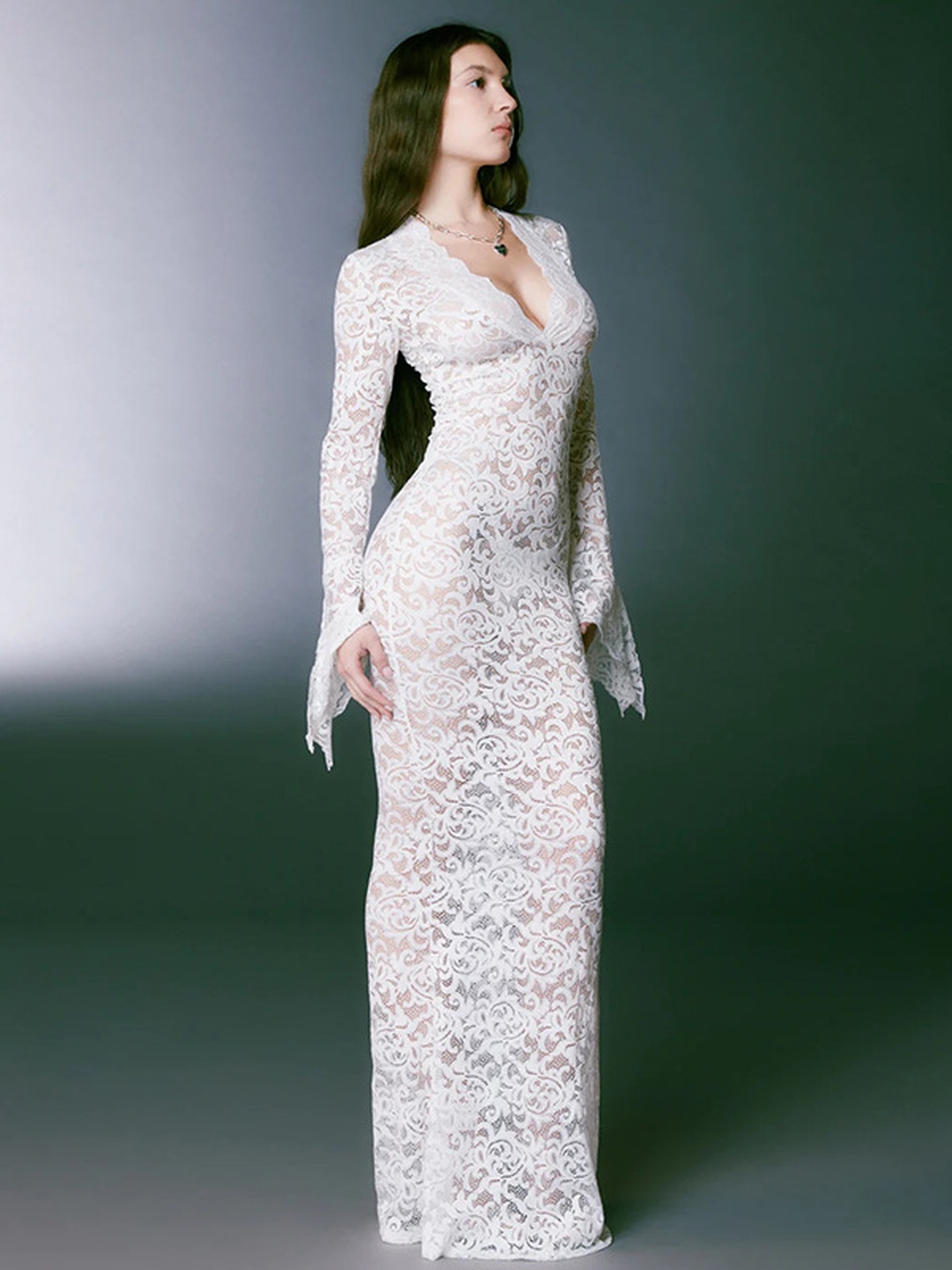 White Lace Maxi Bodycon Dress with Long Sleeves