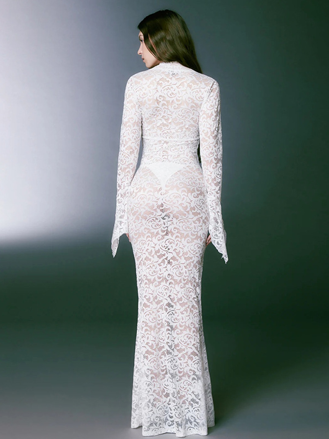 White Lace Maxi Bodycon Dress with Long Sleeves