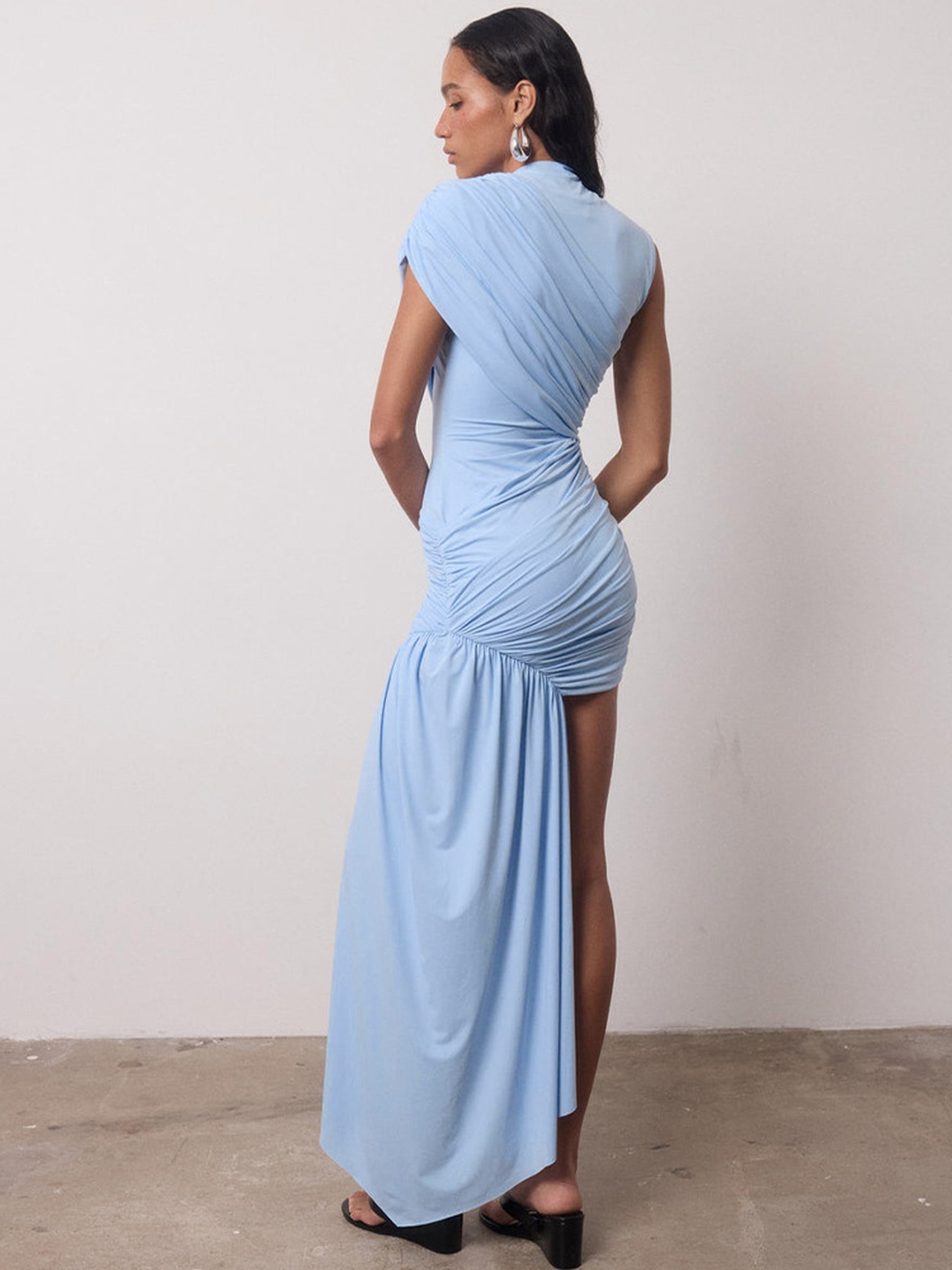 Sky Blue Ruched Bodycon Mini Dress with Drape Detail