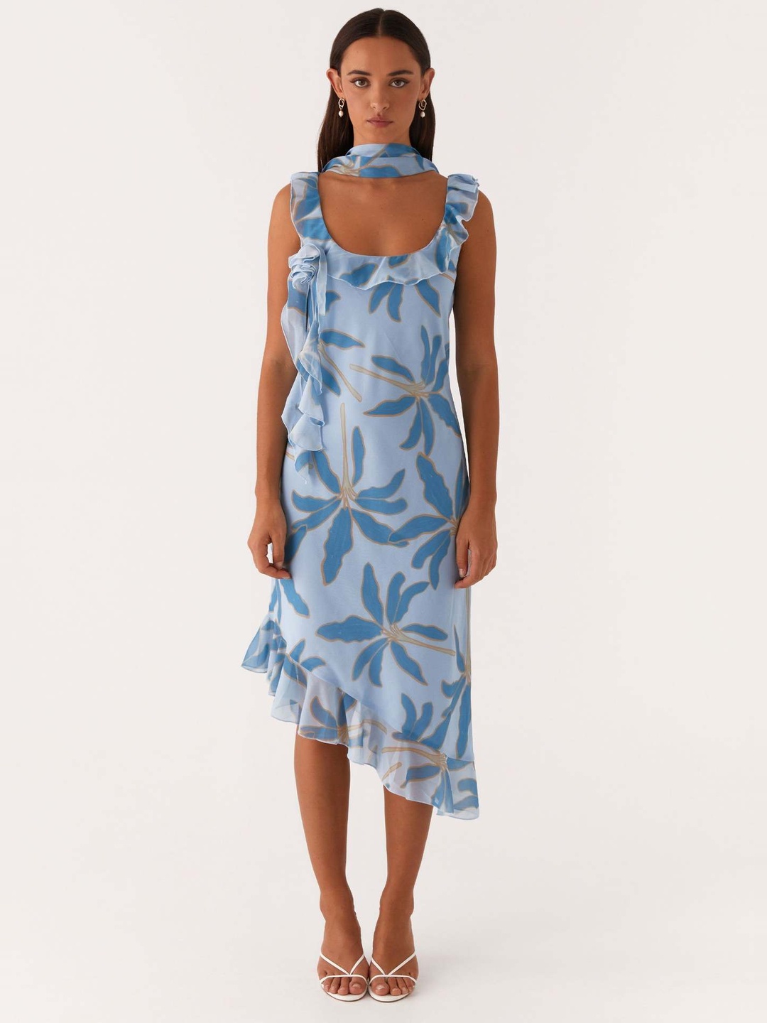 Blue Floral Midi Dress with Ruffle Straps and Asymmetric Hem