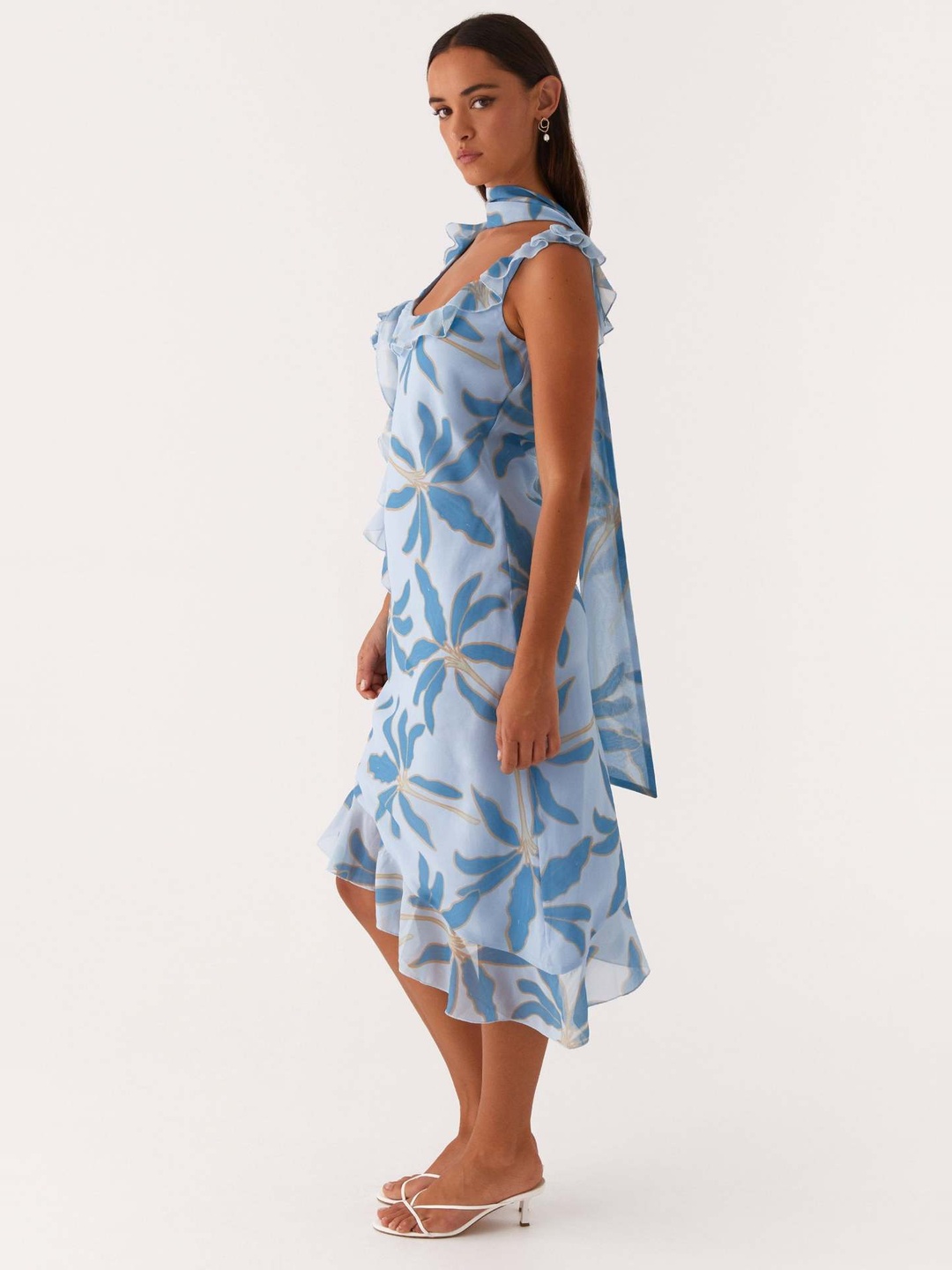 Blue Floral Midi Dress with Ruffle Straps and Asymmetric Hem