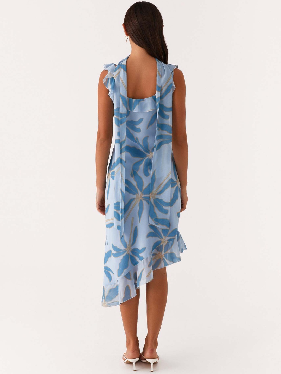 Blue Floral Midi Dress with Ruffle Straps and Asymmetric Hem