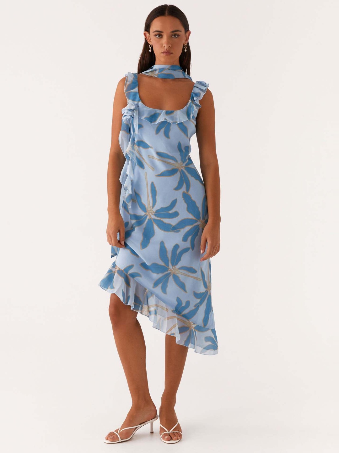 Blue Floral Midi Dress with Ruffle Straps and Asymmetric Hem