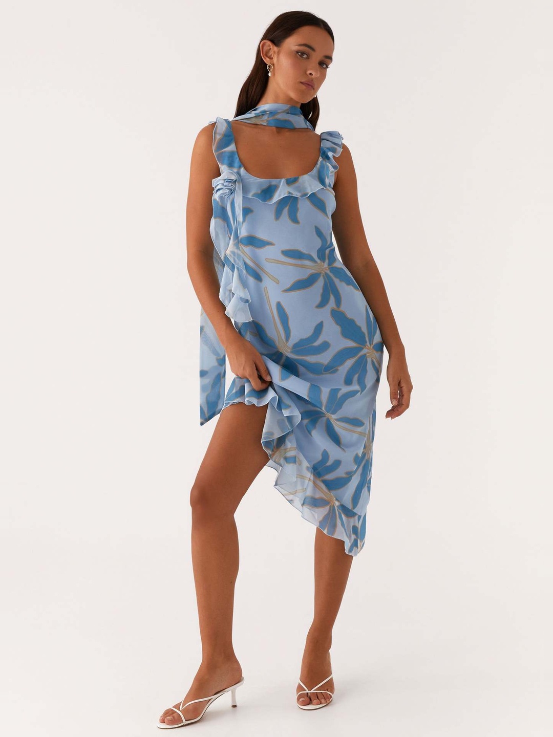 Blue Floral Midi Dress with Ruffle Straps and Asymmetric Hem