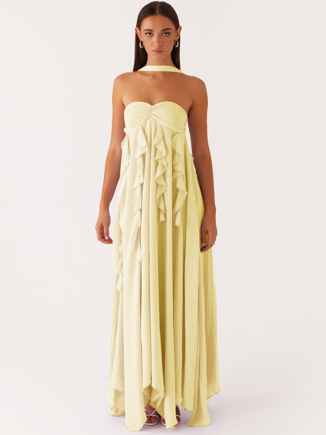 Yellow Strapless Maxi Dress with Ruffles