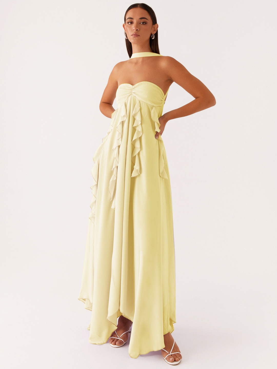 Yellow Strapless Maxi Dress with Ruffles