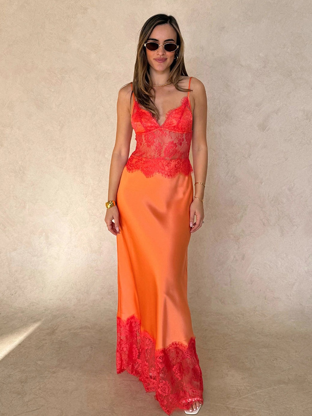 Orange Lace Trim Maxi Slip Dress with Strappy Neckline