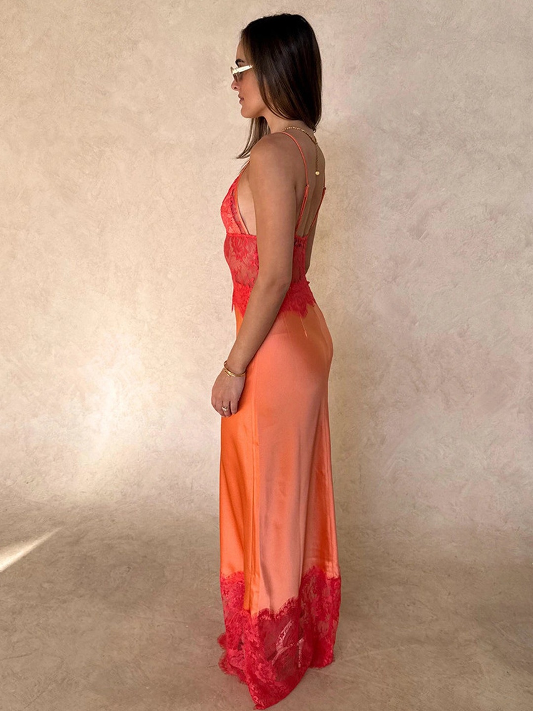 Orange Lace Trim Maxi Slip Dress with Strappy Neckline