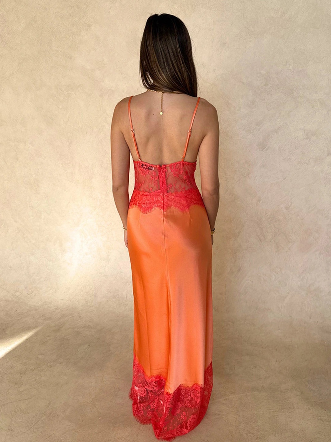 Orange Lace Trim Maxi Slip Dress with Strappy Neckline