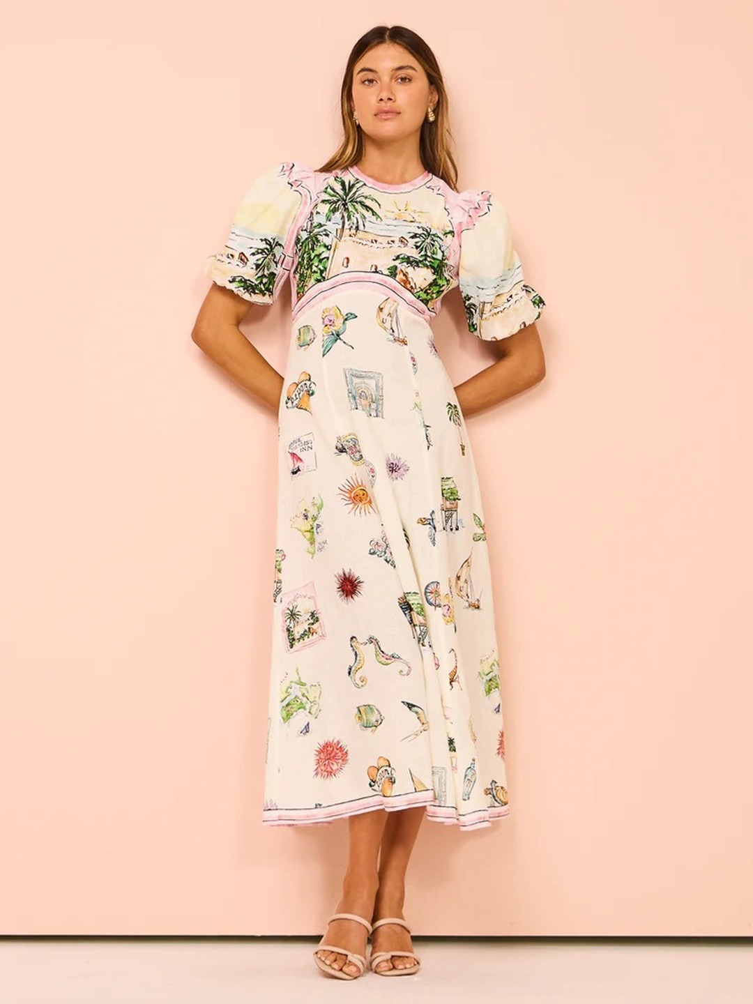 White Conversational Print A-Line Midi Dress with Short Sleeves
