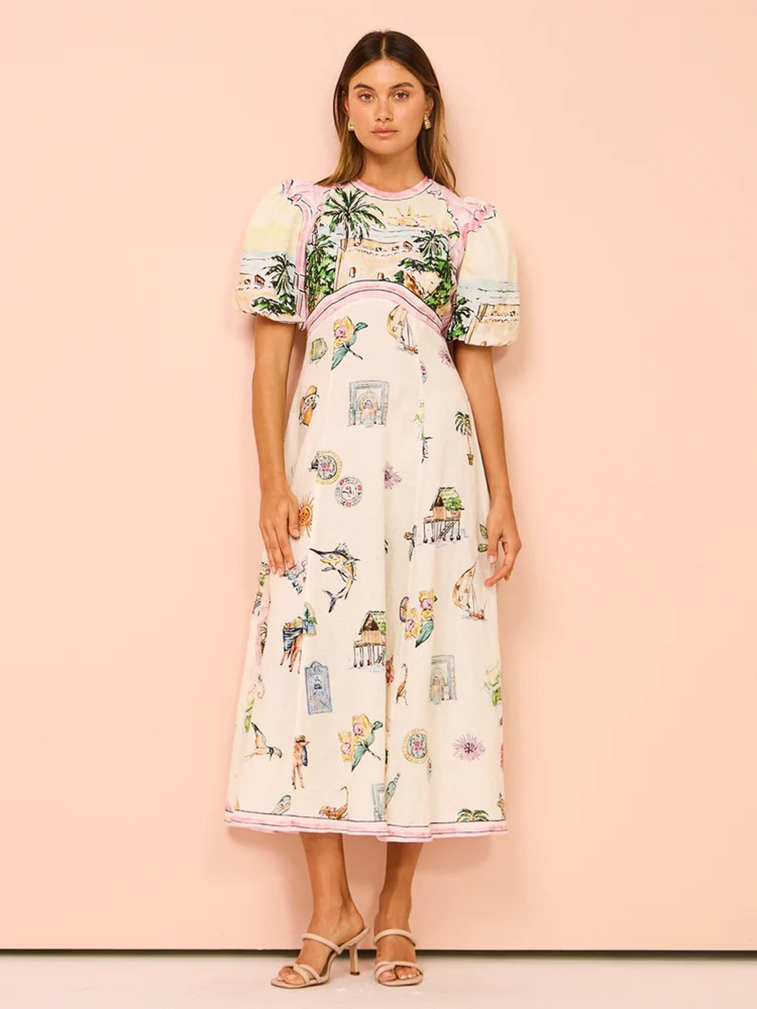White Conversational Print A-Line Midi Dress with Short Sleeves