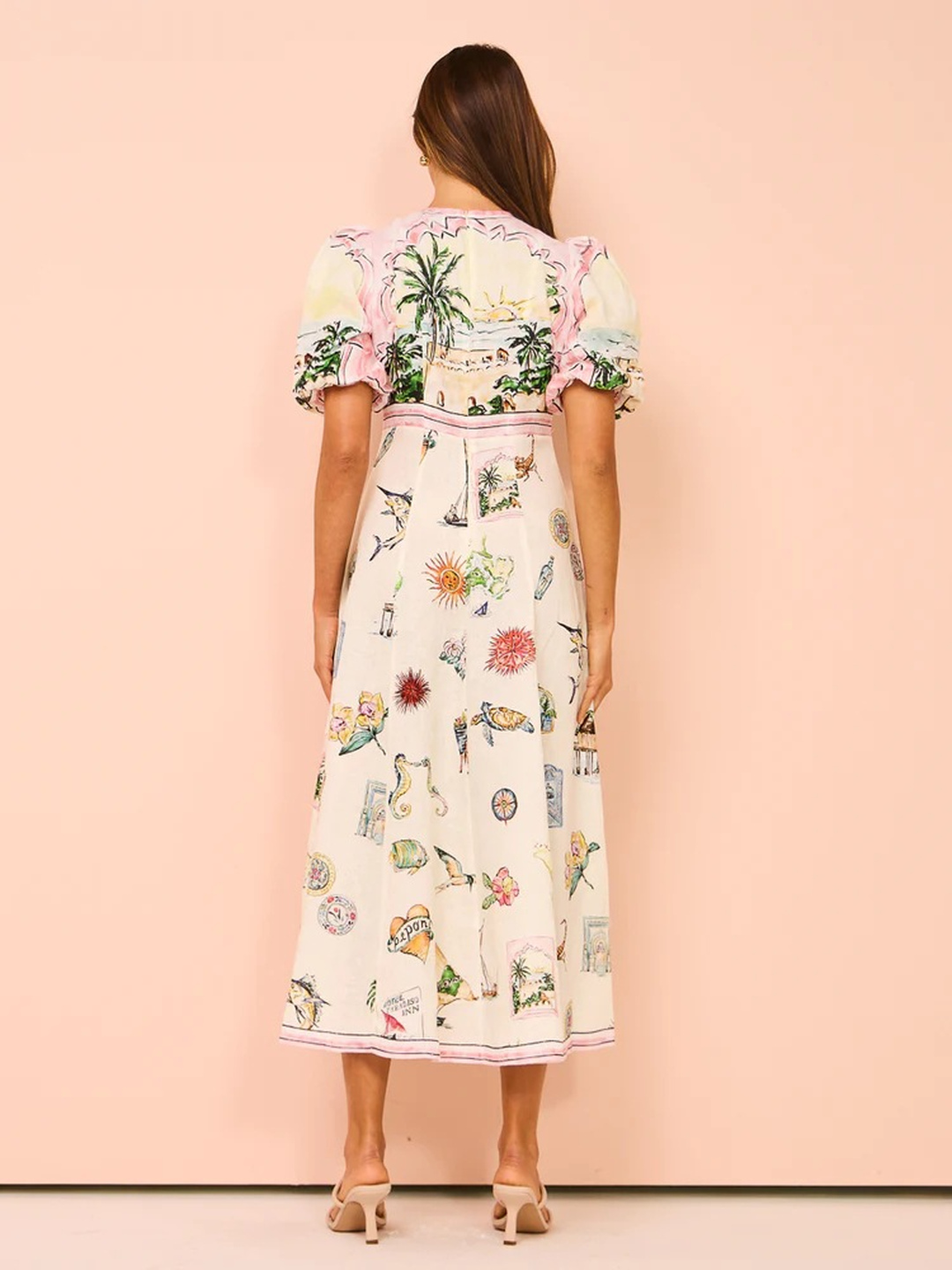 White Conversational Print A-Line Midi Dress with Short Sleeves