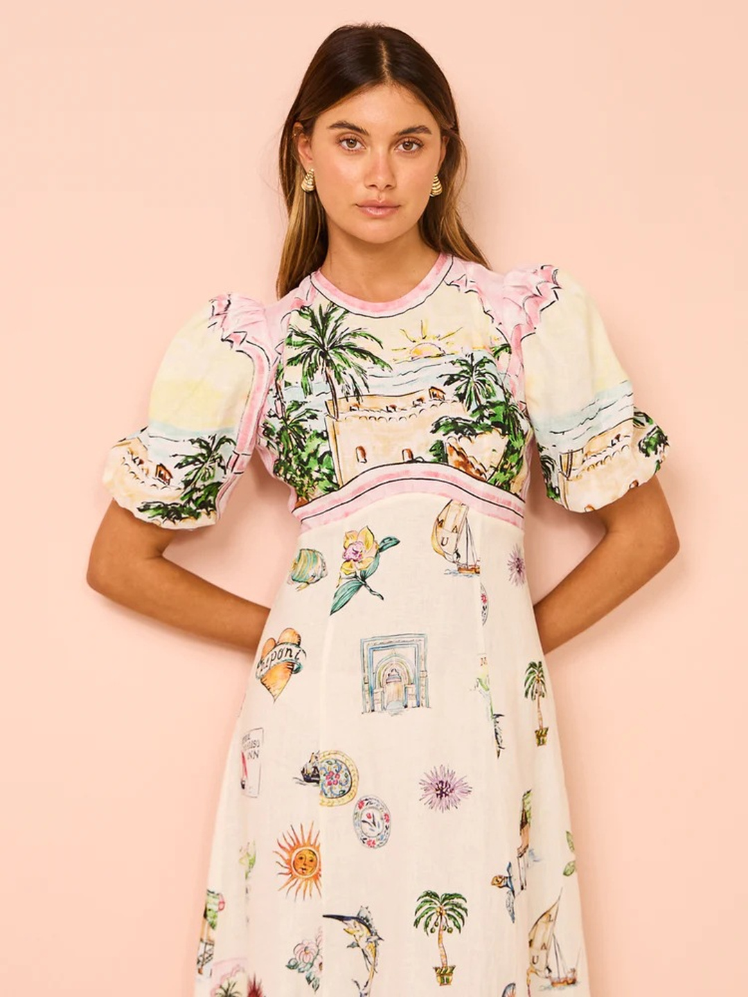 White Conversational Print A-Line Midi Dress with Short Sleeves