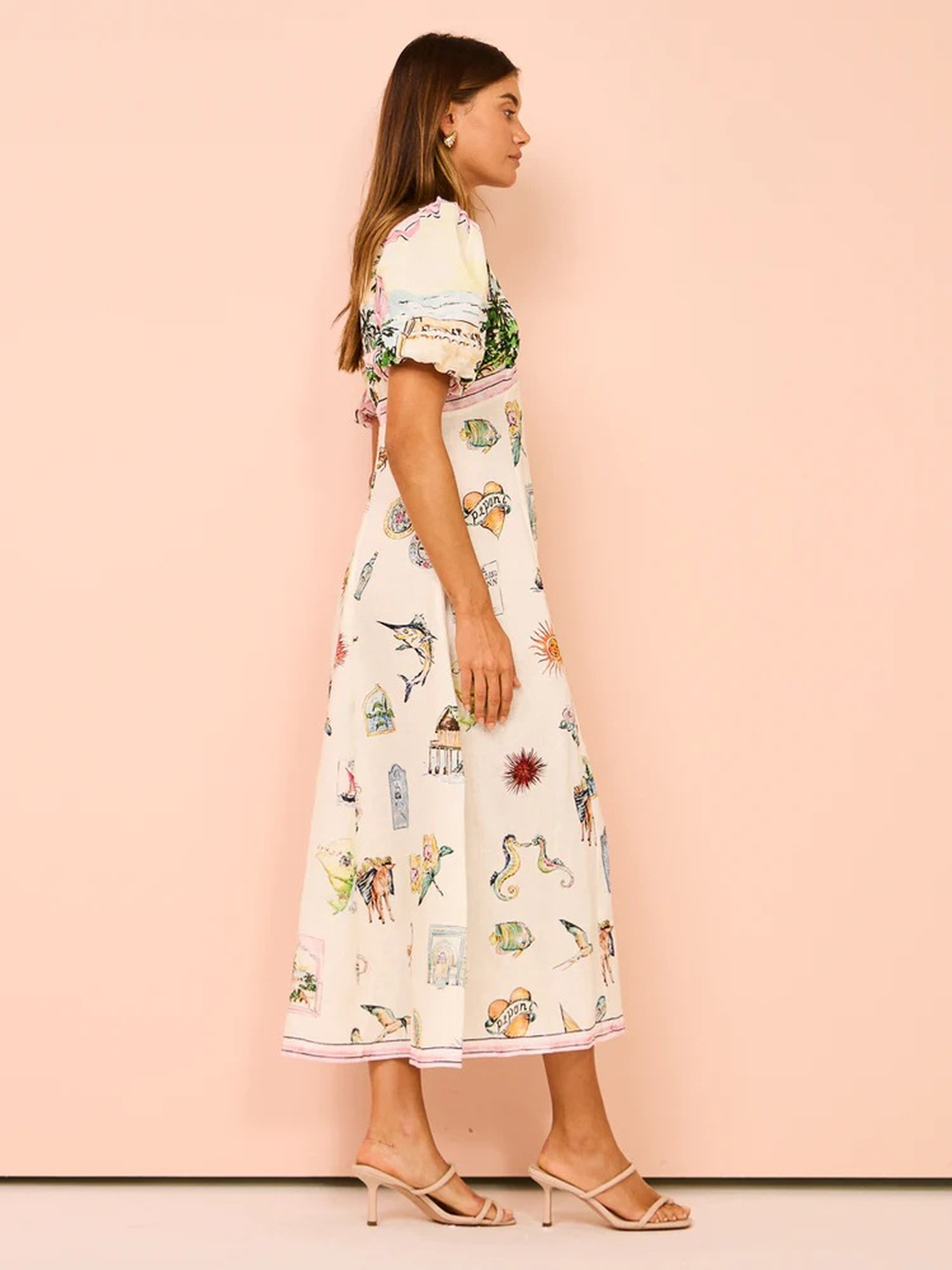 White Conversational Print A-Line Midi Dress with Short Sleeves