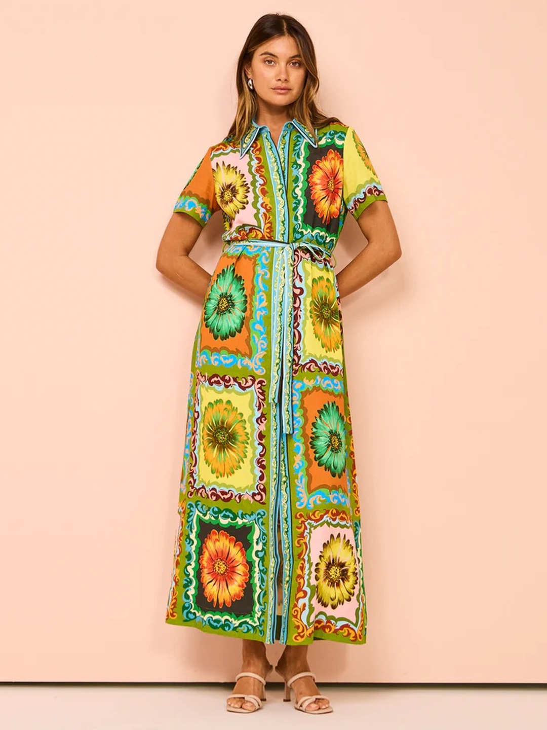 Multi Floral A-Line Maxi Dress with Short Sleeves
