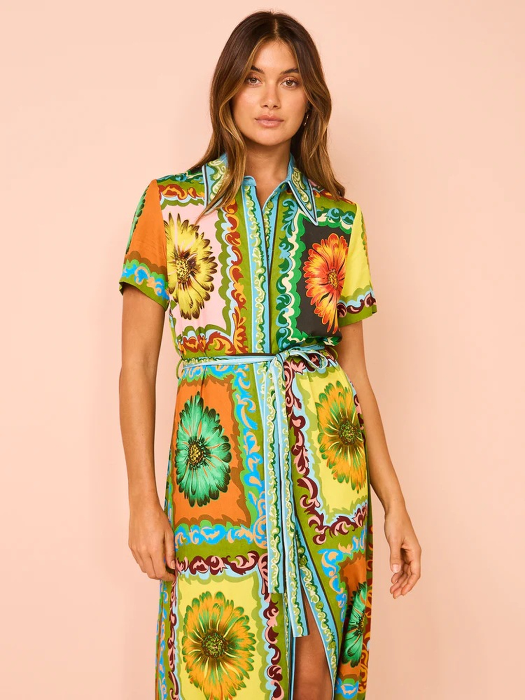 Multi Floral A-Line Maxi Dress with Short Sleeves
