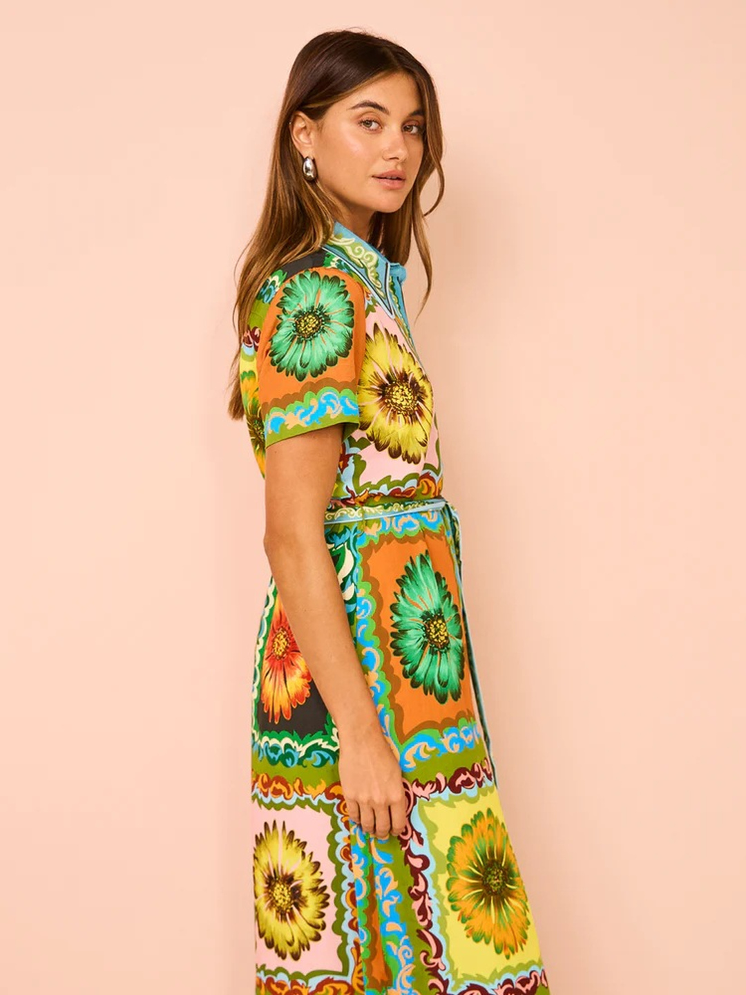 Multi Floral A-Line Maxi Dress with Short Sleeves