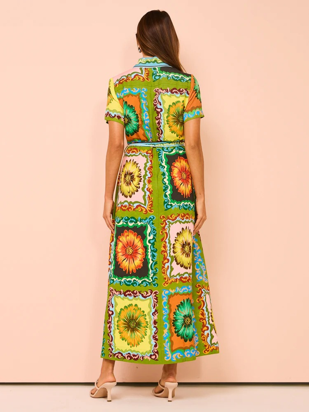 Multi Floral A-Line Maxi Dress with Short Sleeves