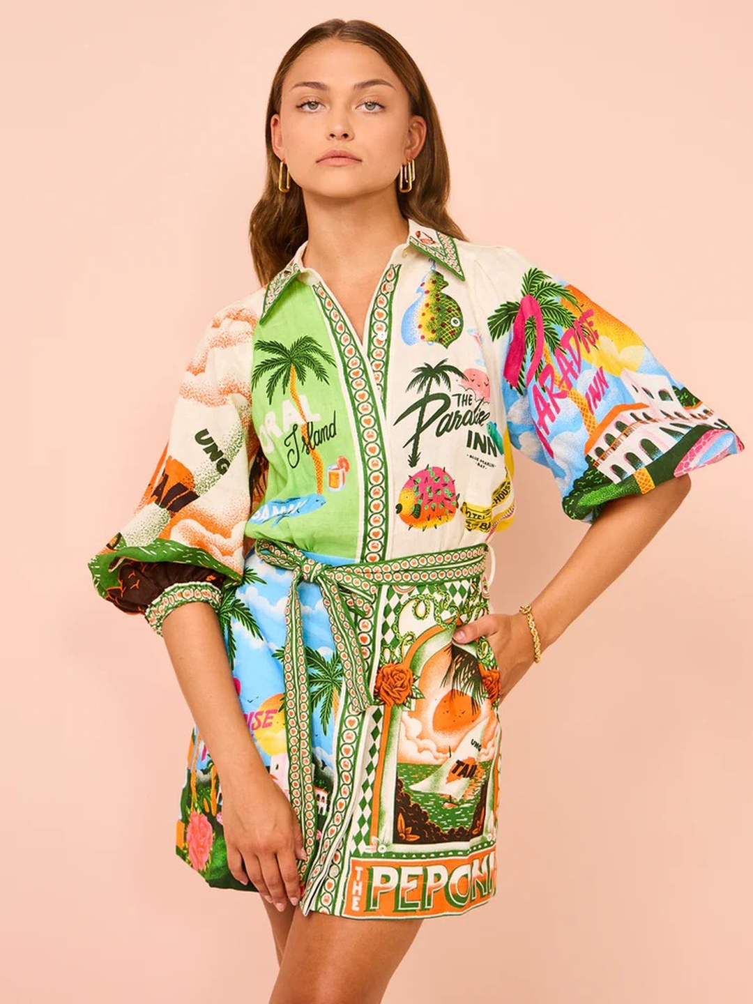 Multi Tropical Print Mini Shirt Dress with 3/4 Sleeves