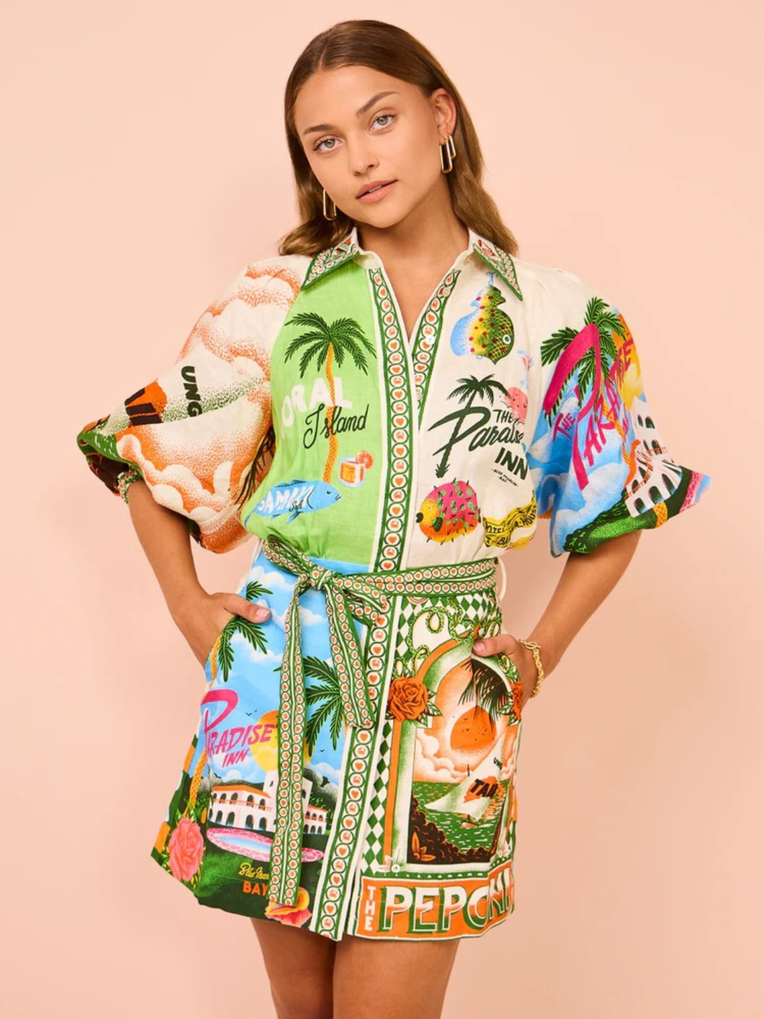 Multi Tropical Print Mini Shirt Dress with 3/4 Sleeves