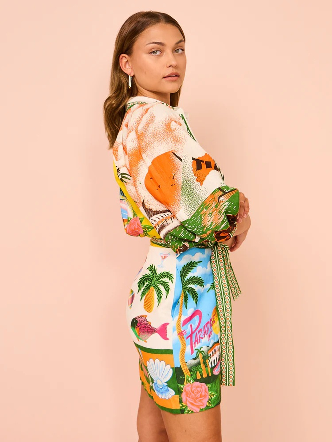 Multi Tropical Print Mini Shirt Dress with 3/4 Sleeves