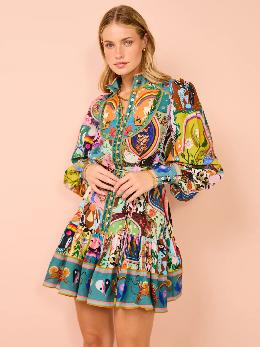 Multi-Print Long Sleeve Mini Shirt Dress
