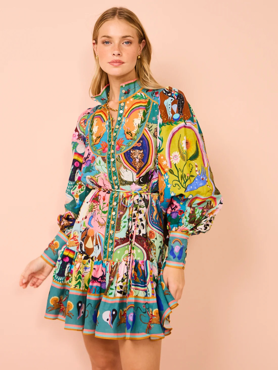Multi-Print Long Sleeve Mini Shirt Dress