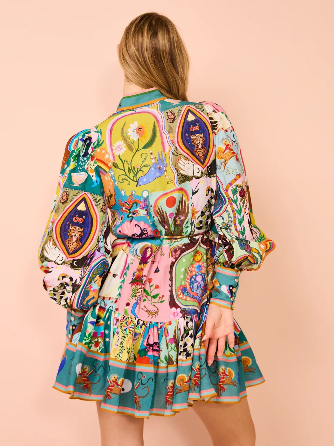 Multi-Print Long Sleeve Mini Shirt Dress