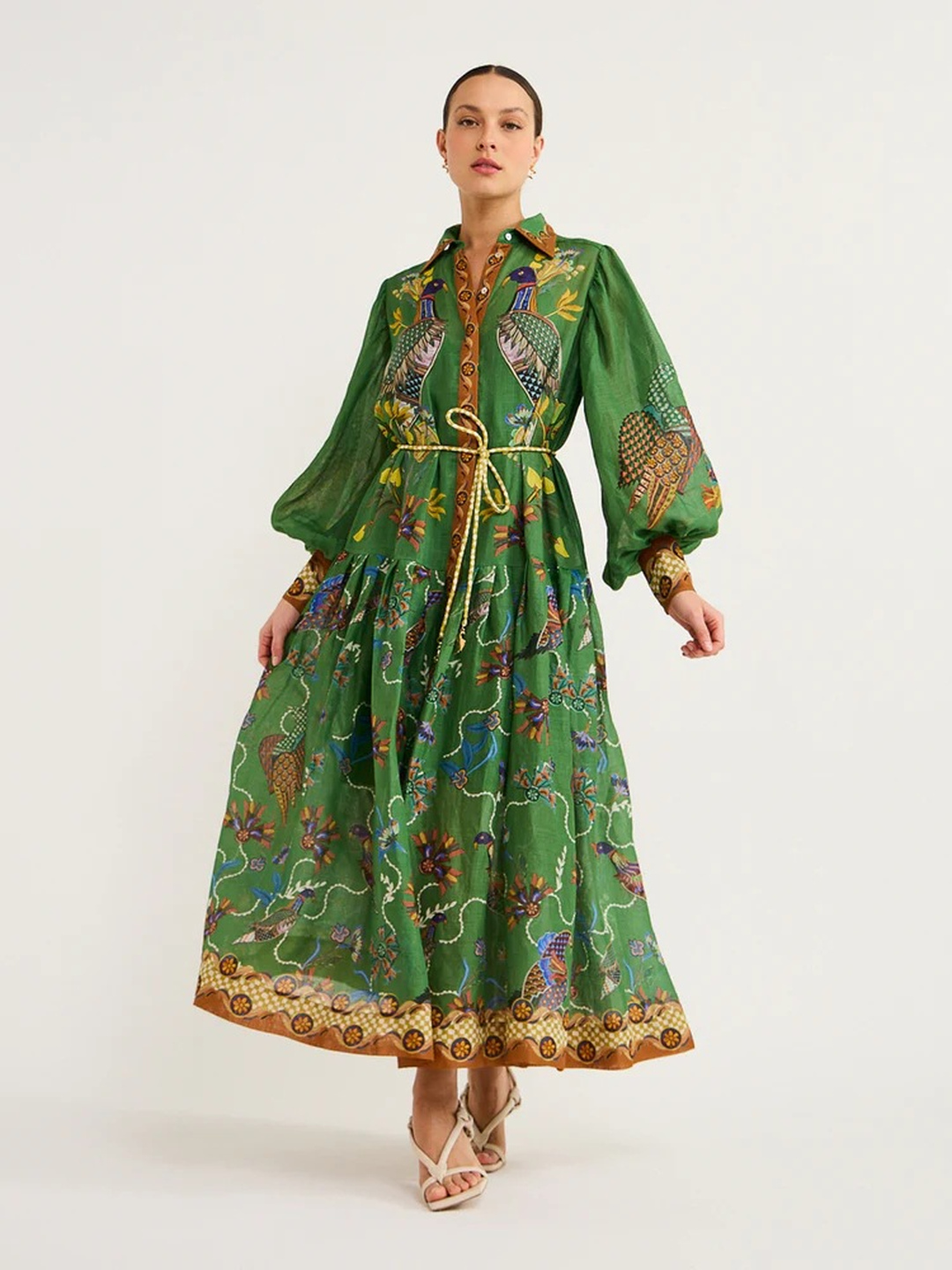 Green All Over Print Maxi Shirt Dress with Long Sleeves