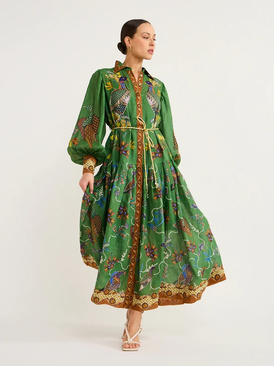 Green All Over Print Maxi Shirt Dress with Long Sleeves