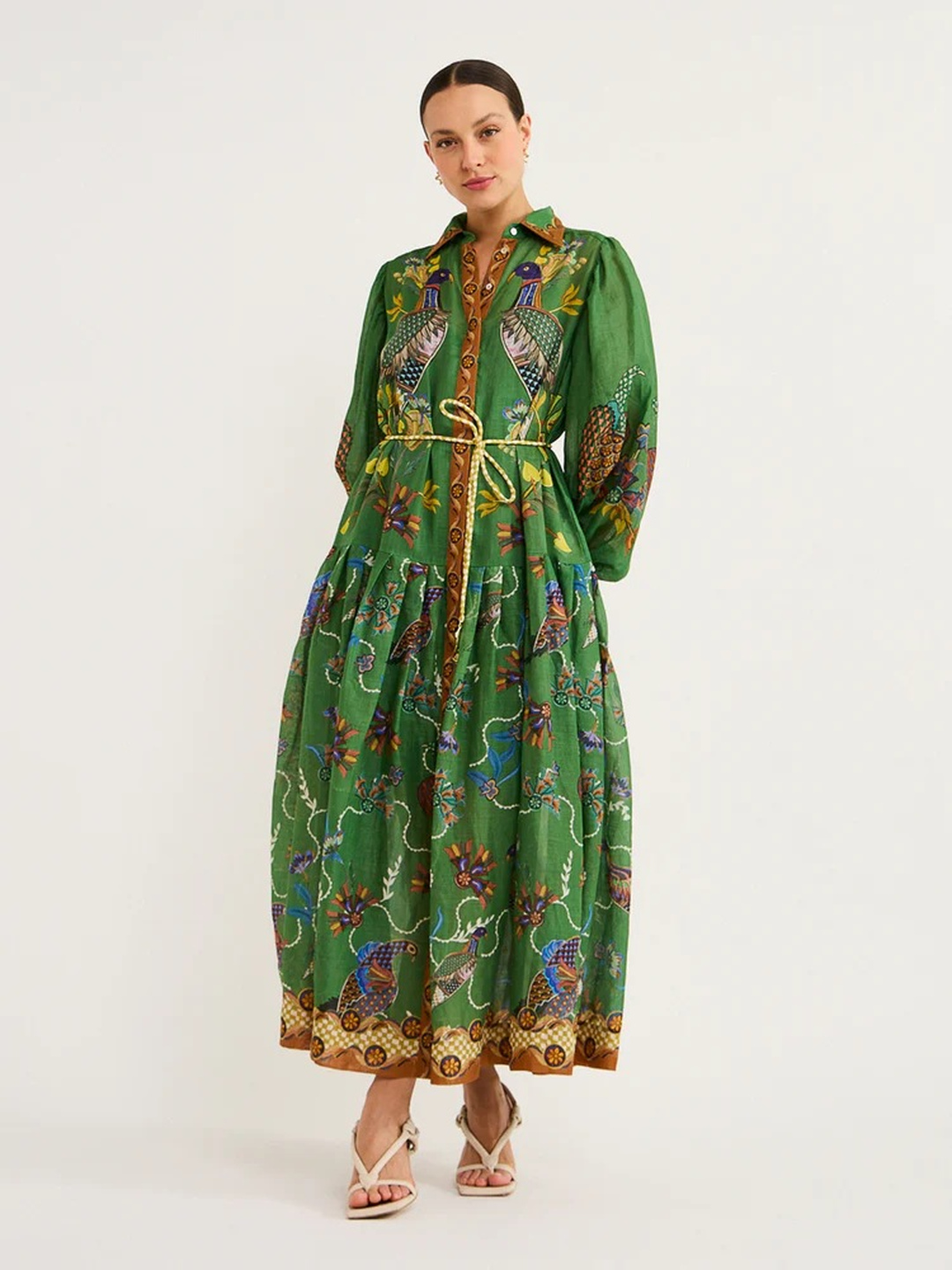 Green All Over Print Maxi Shirt Dress with Long Sleeves
