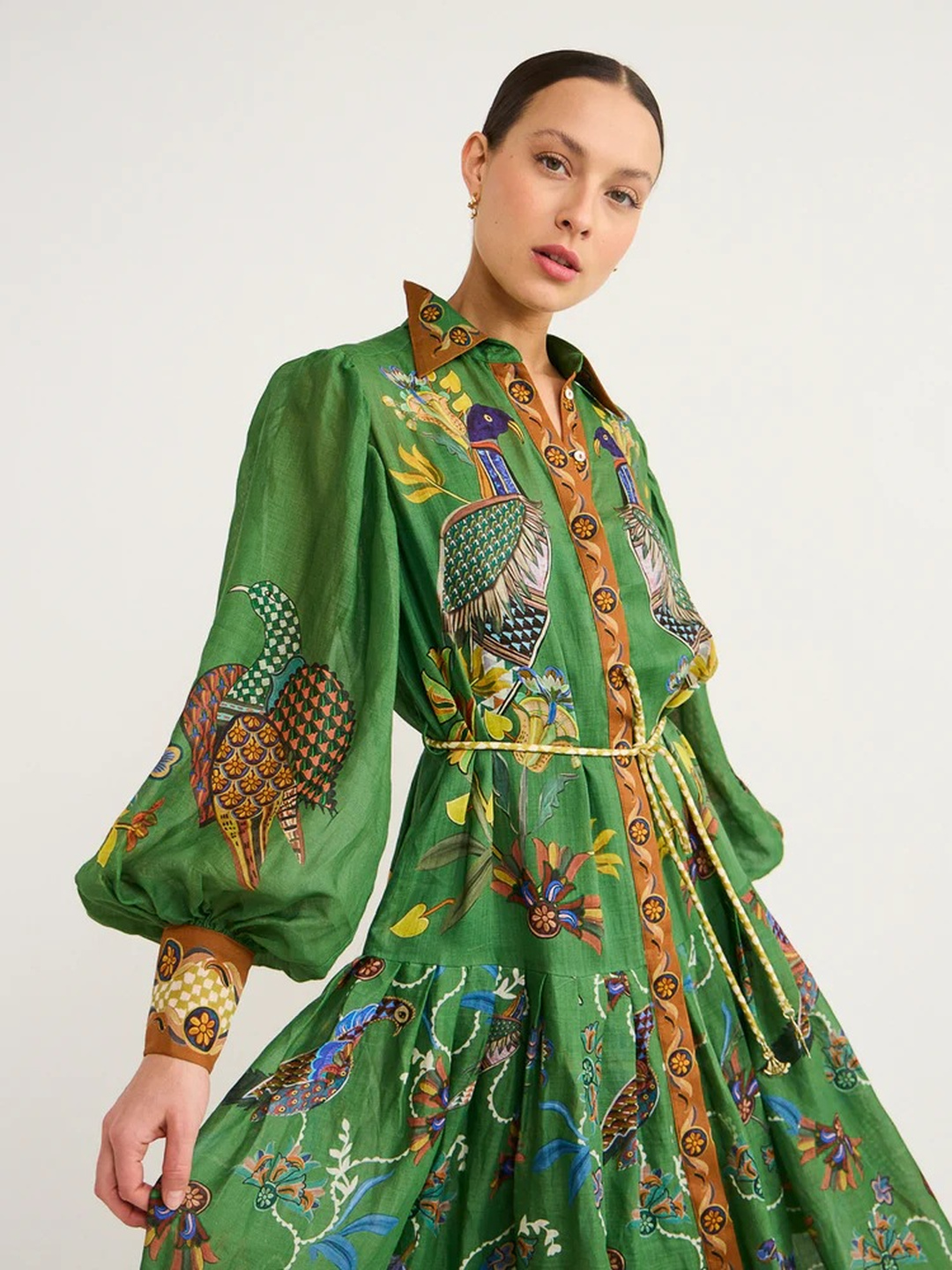 Green All Over Print Maxi Shirt Dress with Long Sleeves