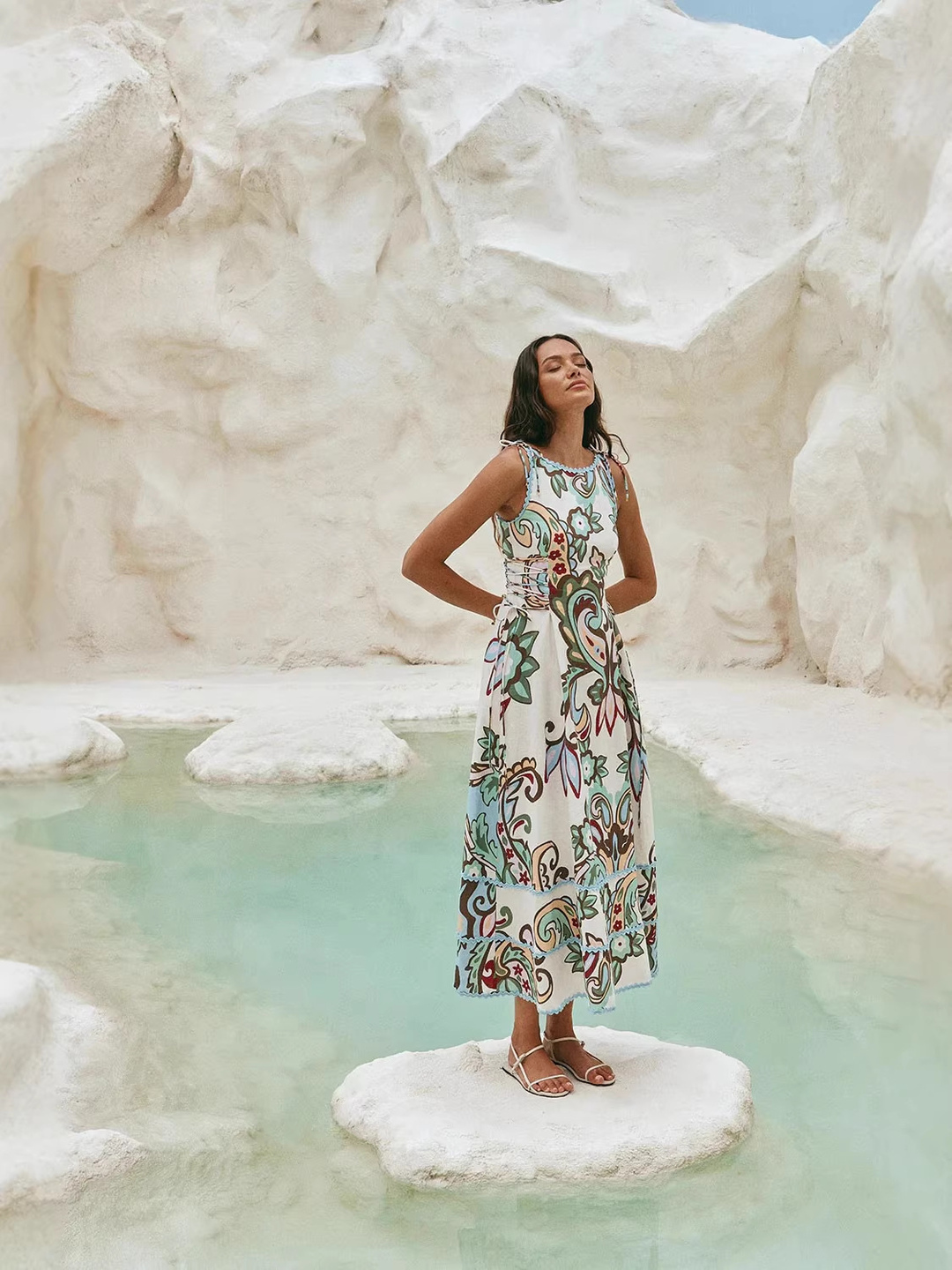 Paisley Print Sleeveless Maxi Dress Fit and Flare Style