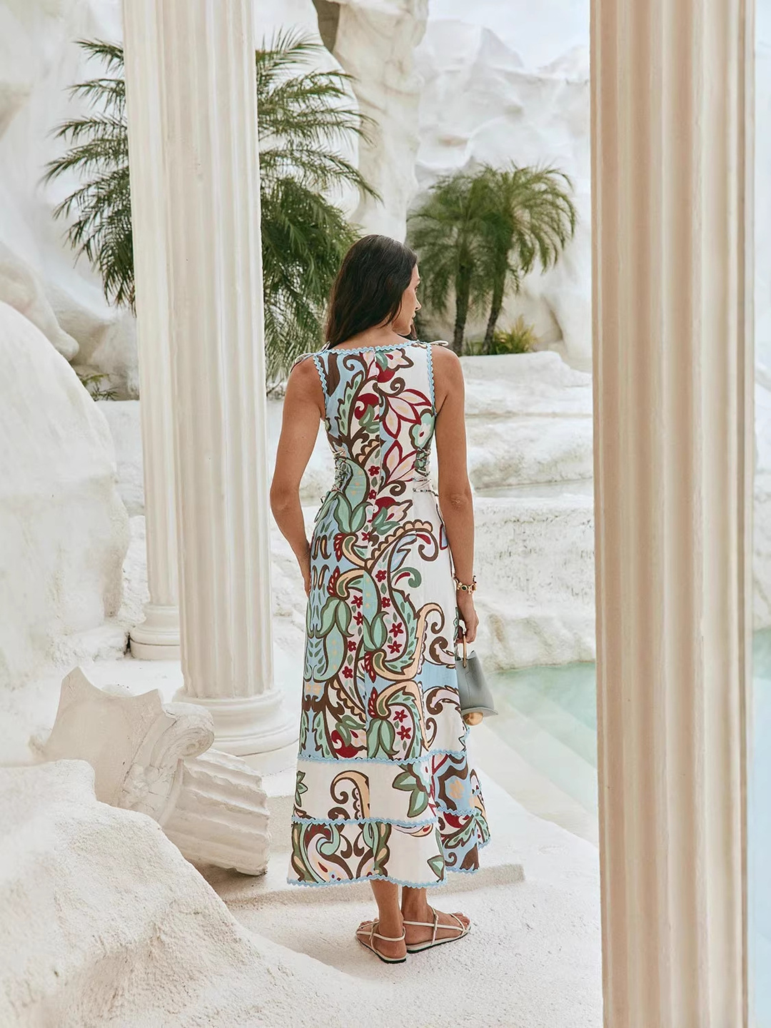 Paisley Print Sleeveless Maxi Dress Fit and Flare Style