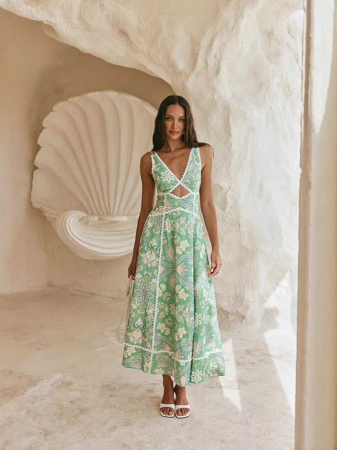 Green Floral Sleeveless A-Line Maxi Dress with Lace Trim